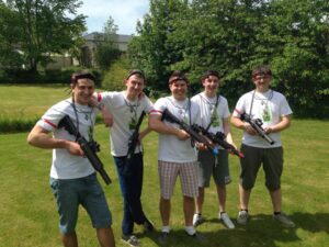 Laser tag for stag party. A stag party playing laser tag.